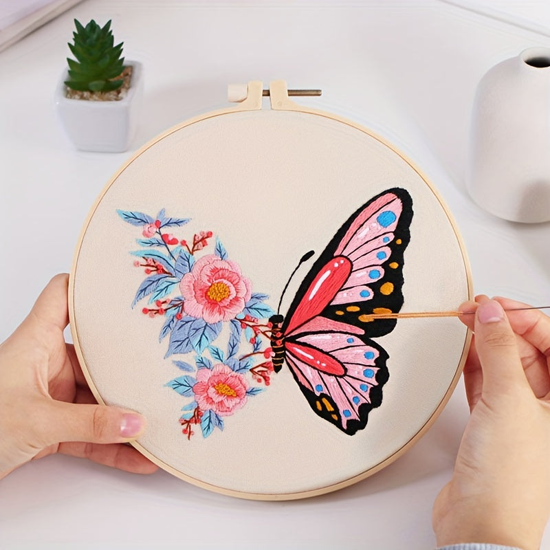 DIY Embroidery Kit Flower Butterfly Pattern Decoration Printed Fabrics Threads