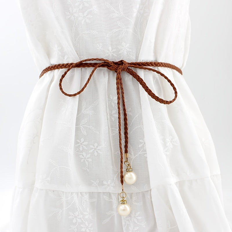 Braided Thin Belt Women's Decor Waist Rope Sweet Dress Tie With Pearl