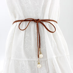 Braided Thin Belt Women's Decor Waist Rope Sweet Dress Tie With Pearl