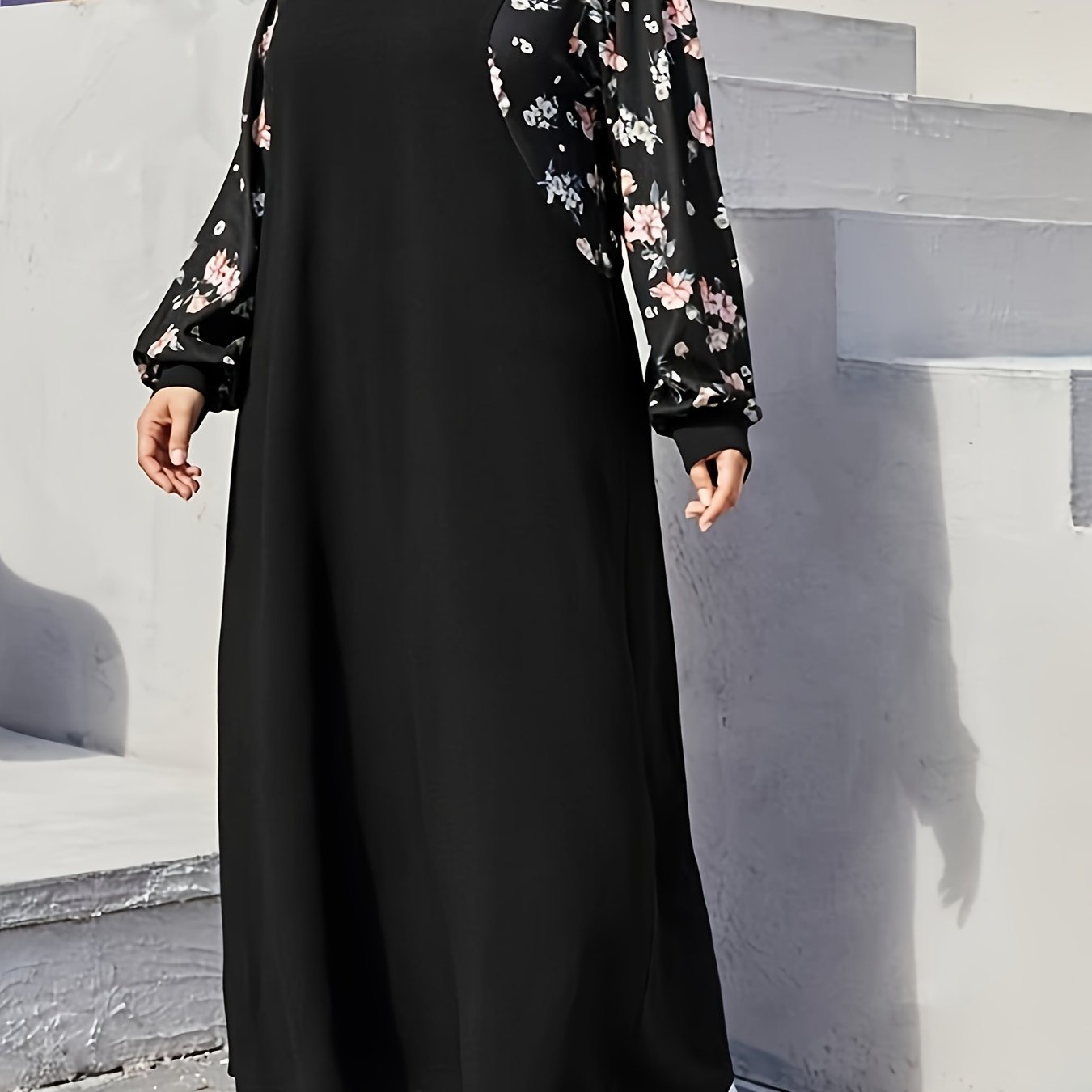  Colorblock Floral Print Abaya Dress