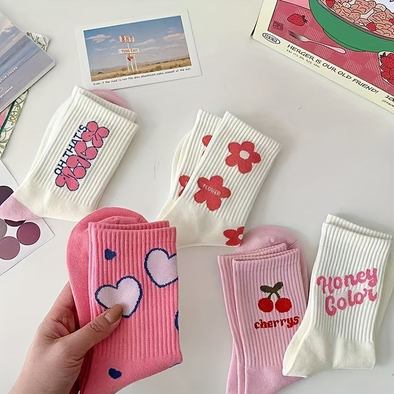 5 Pairs Letter & Heart Print Socks Women's Mid Tube Stockings
