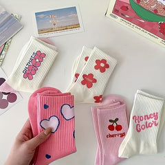 5 Pairs Letter & Heart Print Socks Women's Mid Tube Stockings