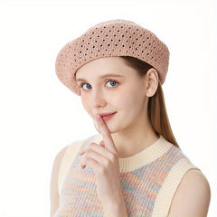 Vintage Lightweight Hollow Out Knitted Beret Solid Breathable Painter Hat
