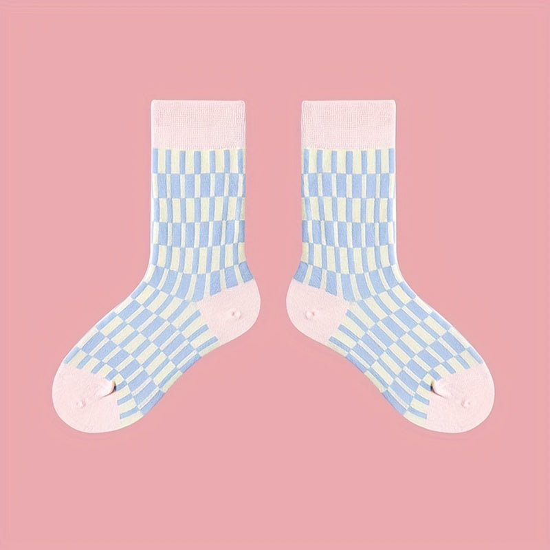 4 Pairs Plaid Colorblock Socks Soft Mid Tube Women Stockings
