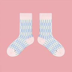 4 Pairs Plaid Colorblock Socks Soft Mid Tube Women Stockings