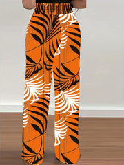 Plant Print Tie Waist Pants Wide Leg Long Length