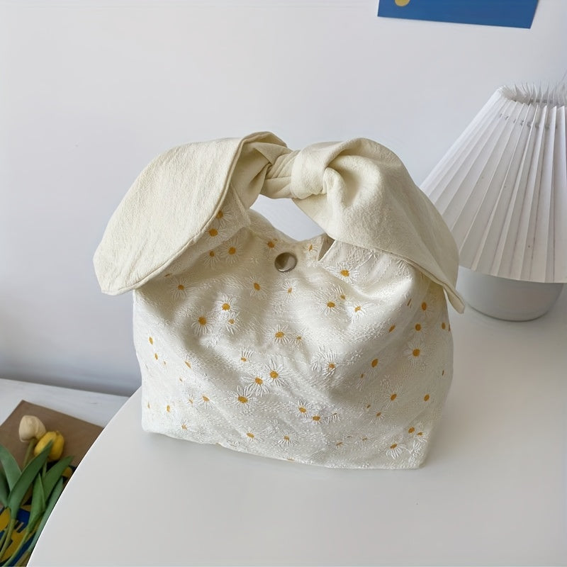Bow Knot Handle Portable Cosmetic Bag Allover Print Lunch Bag Travel Handbag