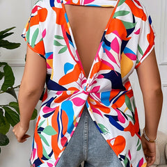  Floral Print Twist Back Bat Sleeve Top