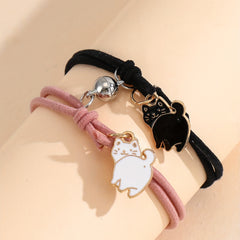 2 Pcs Cat Couple Bracelet Set Adjustable Braided Bracelet