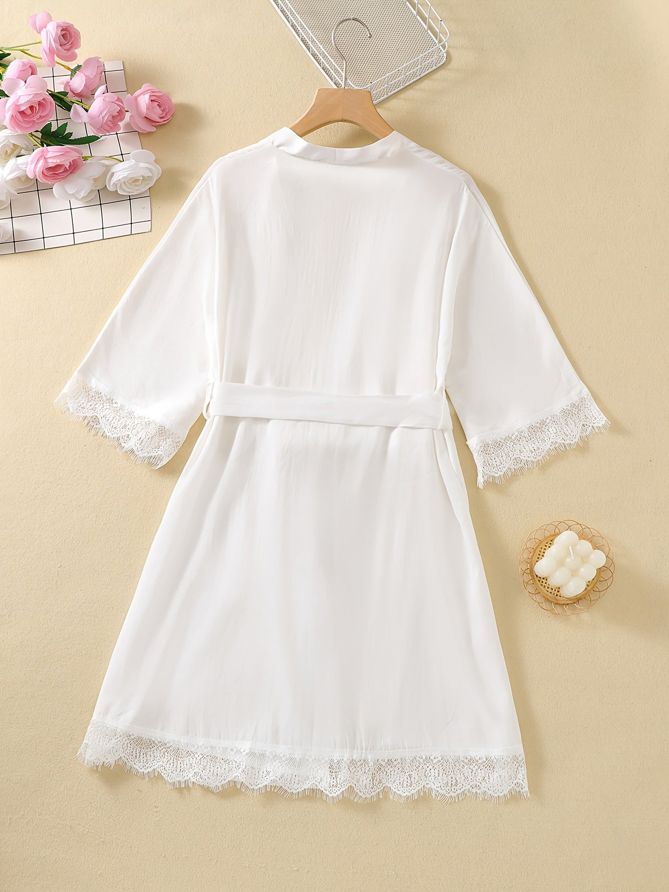 Lace Trim Night Robe Scallop Trim V Neck Robe With Belt Women's Sleepwear