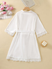 Lace Trim Night Robe Scallop Trim V Neck Robe With Belt Women's Sleepwear