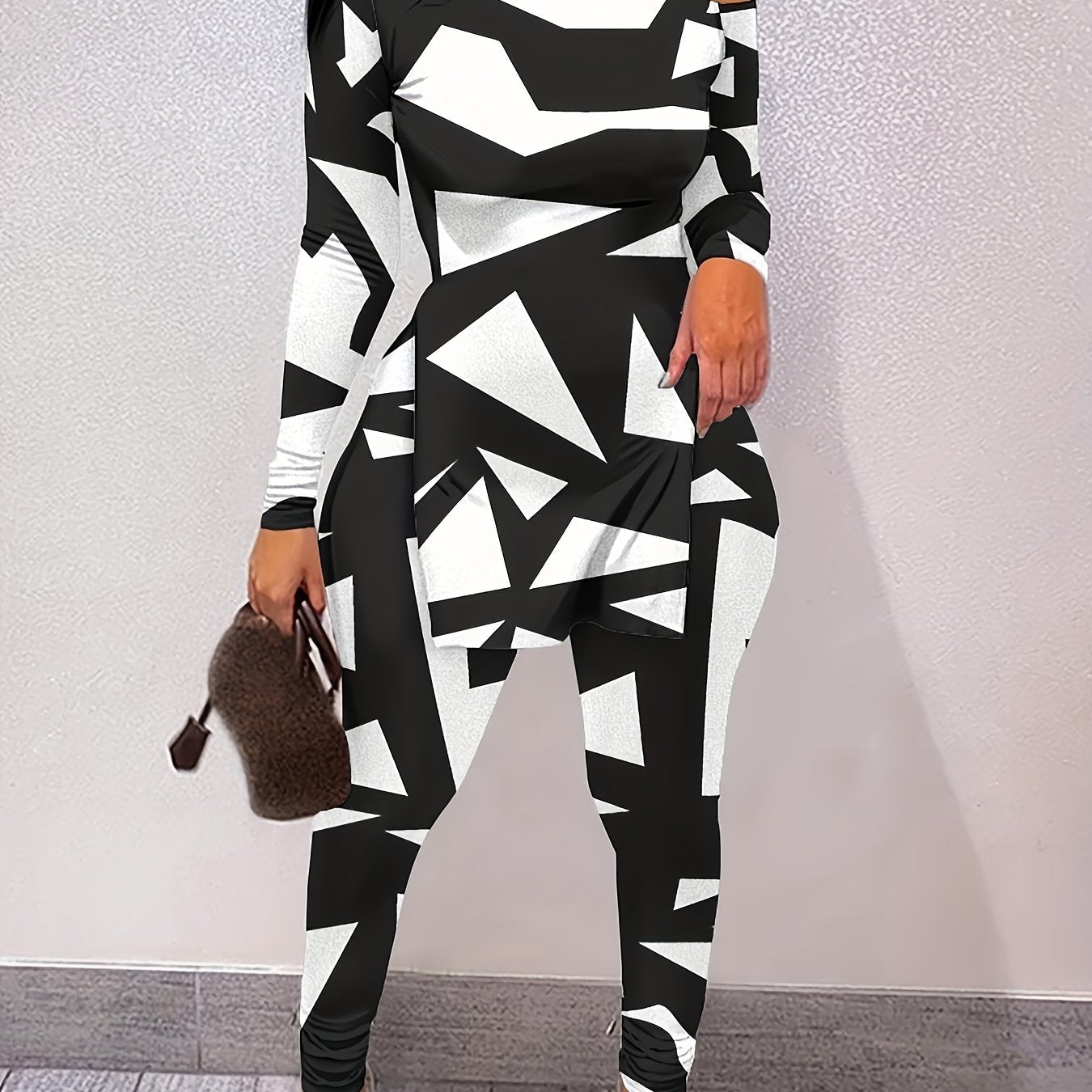  Geo Print One Shoulder Top & Leggings Set