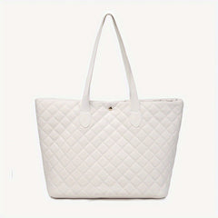 Argyle Quilted Tote Bag Large Capacity Stylish PU Leather Handbag