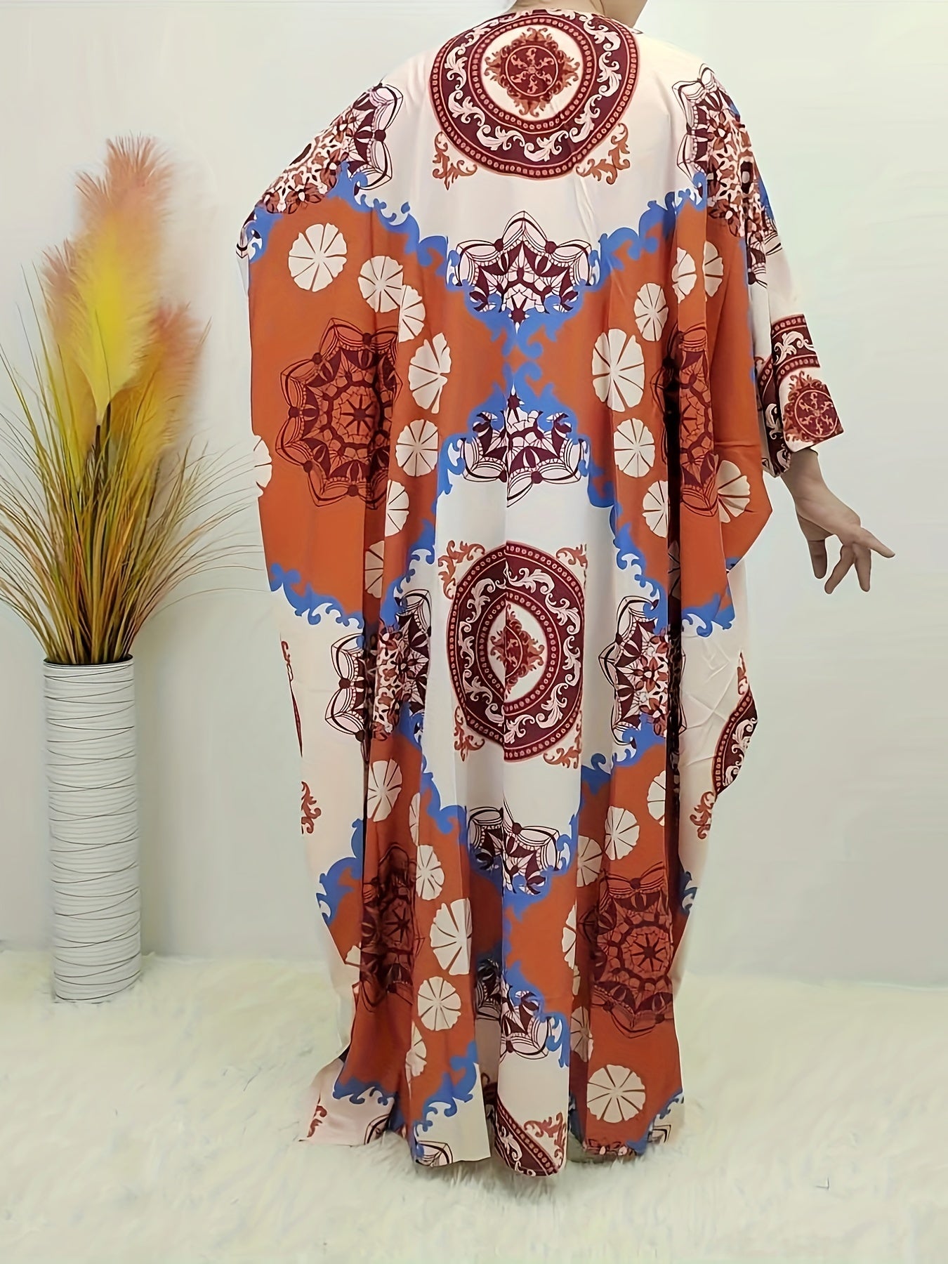  Floral Print Kaftan Dress Colorblock Bat Sleeve Maxi Dress