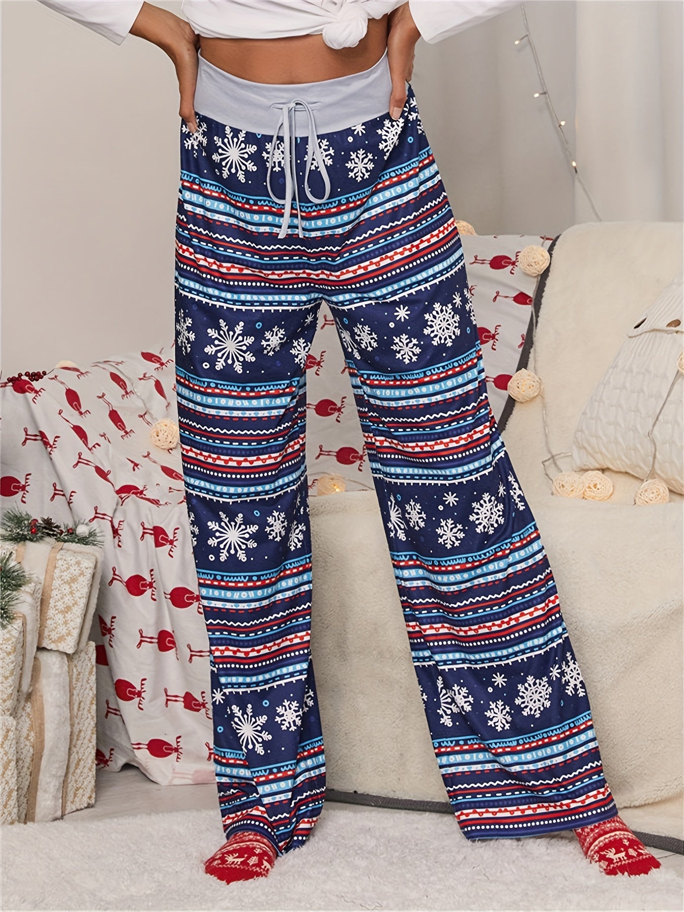 Christmas Print Wide Leg Pants Casual Drawstring Pants