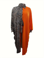  Colorblock Leopard Print Bat Sleeve Dress