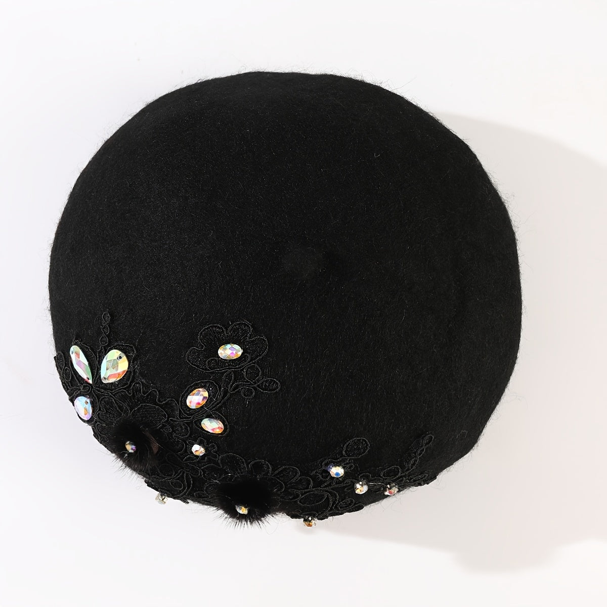 Rhinestone Flower Woolen Beret Hat for Women Girls