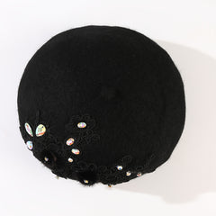 Rhinestone Flower Woolen Beret Hat for Women Girls