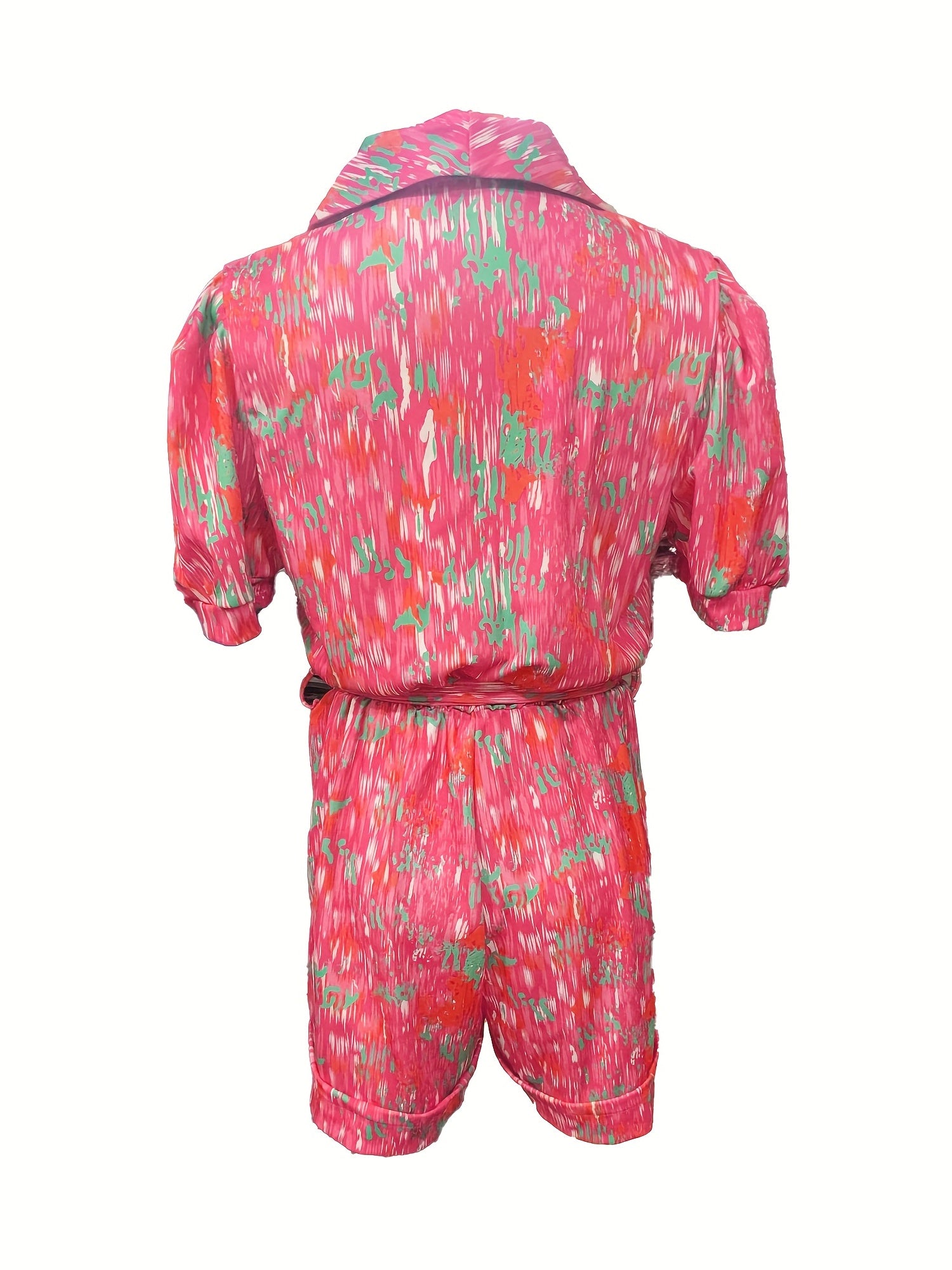 Print V Neck Belted Romper Jumpsuit Puff Sleeve Summer Women's Clothing