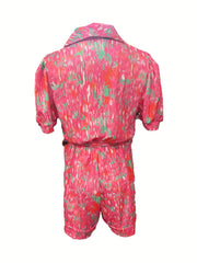 Print V Neck Belted Romper Jumpsuit Puff Sleeve Summer Women's Clothing