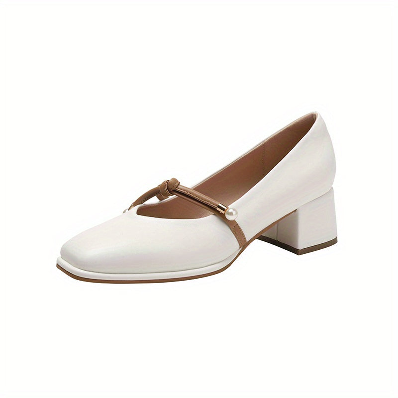 Women's Faux Pearl Chunky Low Heels Pumps