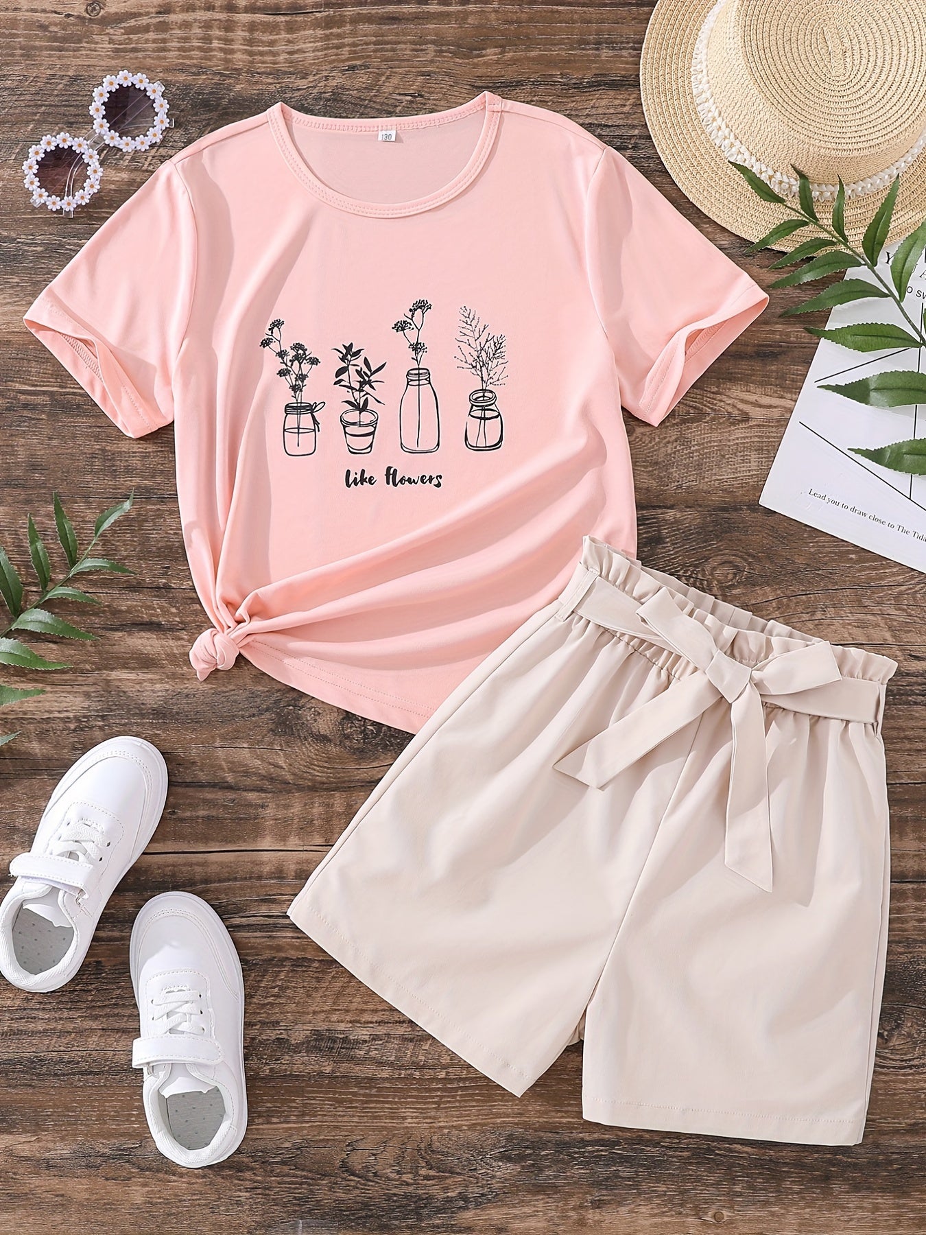 Girls Flowers Graphic Tee & Belted Shorts Set Summer Outfit