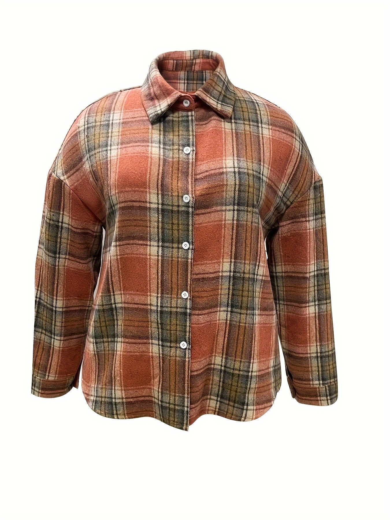  Plaid Print Long Sleeve Button Up Lapel Collar Top