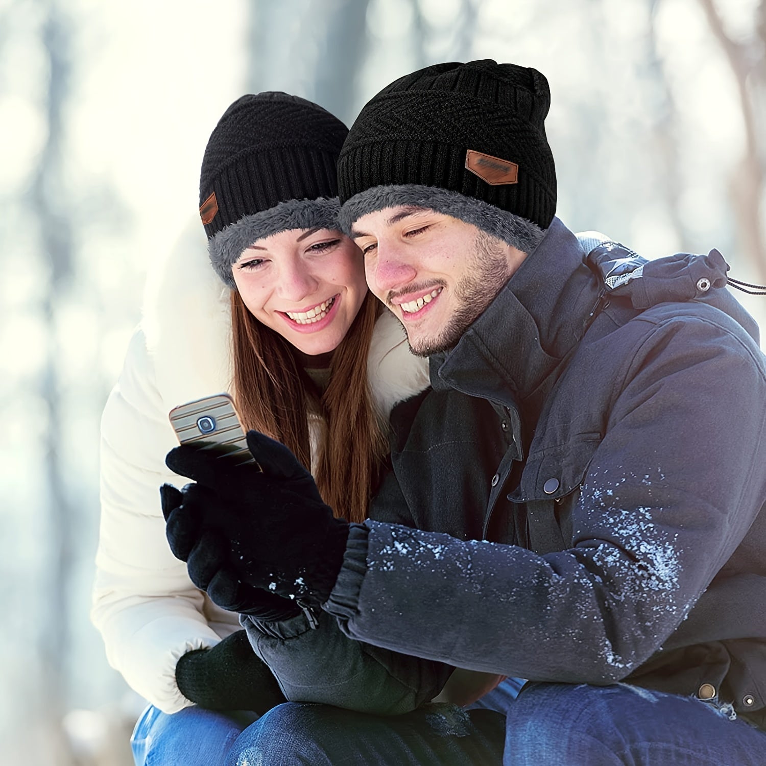 Slouchy Beanie Winter Hat Windproof Warm Knit Cap Touch Screen Mittens