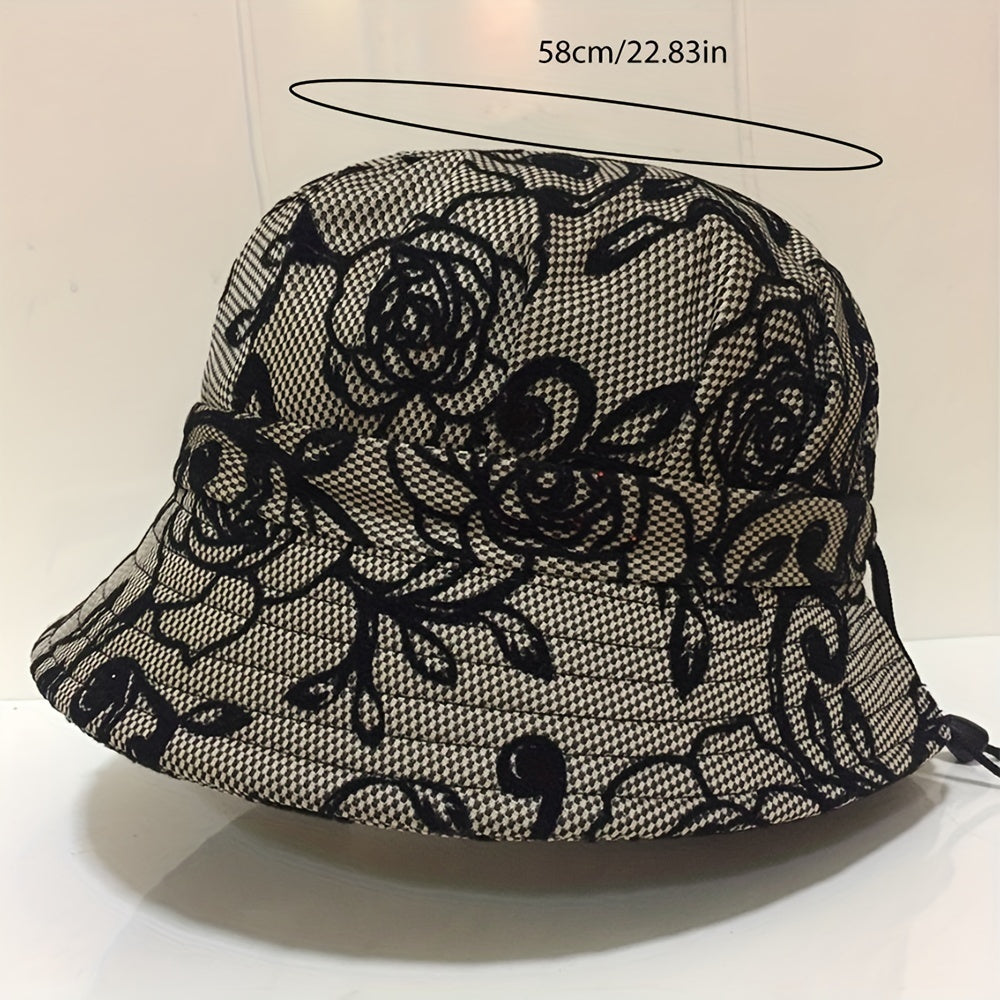 Vintage Rose Embroidery Bucket Hat Solid Short Brim Basin Hat UV Protection