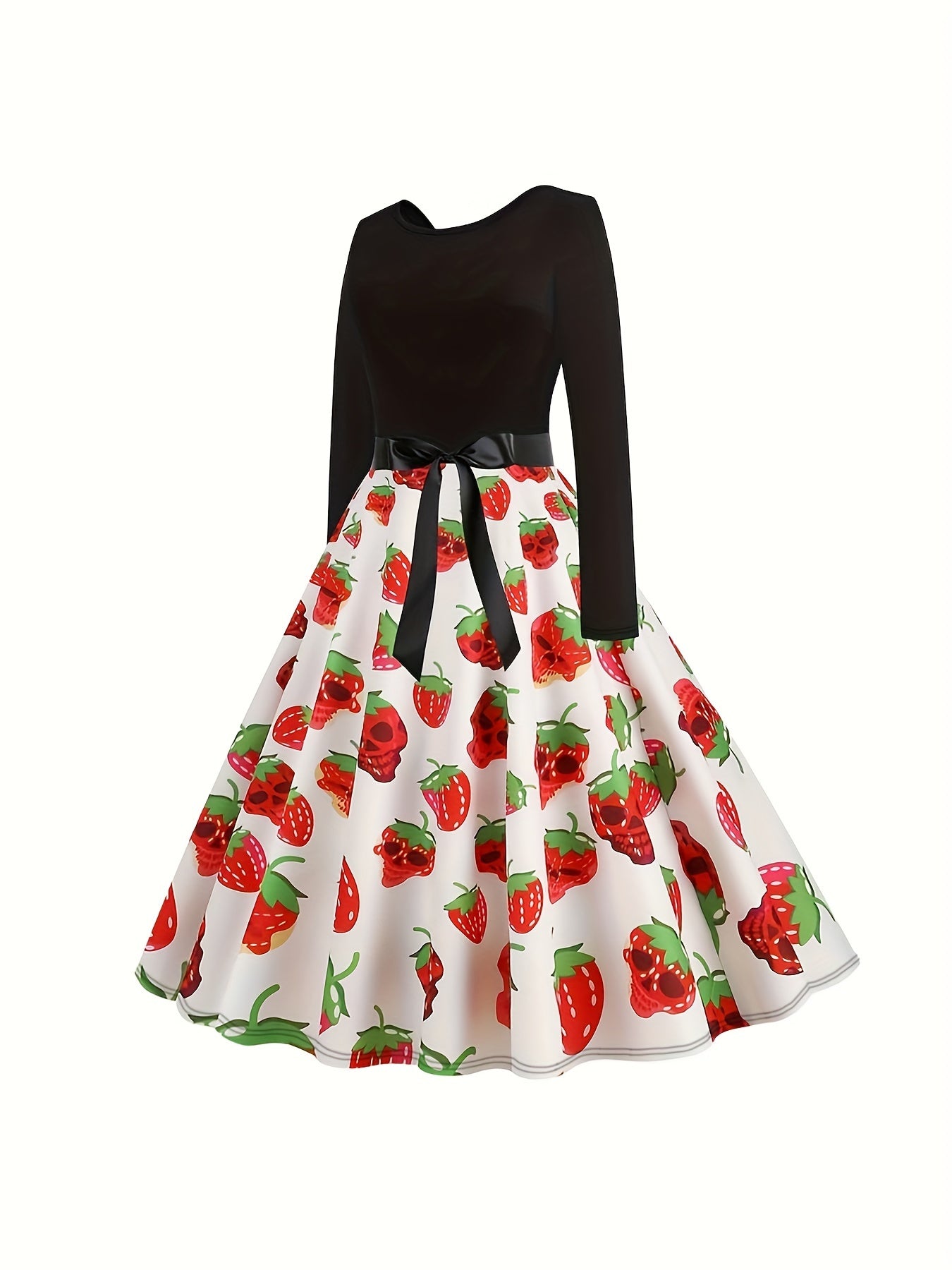  Women's Skull & Strawberry Print Long Sleeve Dress