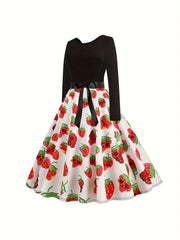  Women's Skull & Strawberry Print Long Sleeve Dress