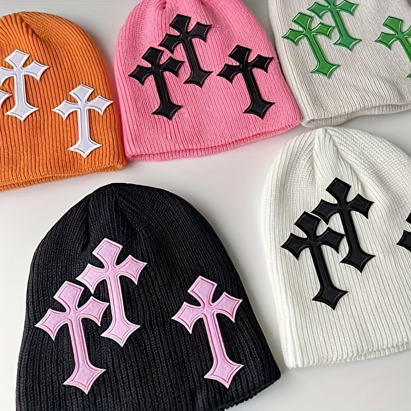 Gothic Cross Patch Knitted Beanie Solid Skull Hat Hip Hop Warm Knit Hat