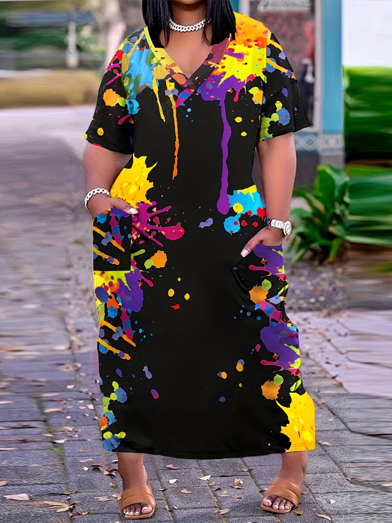  Women's Splash Print Maxi Dress With Pockets