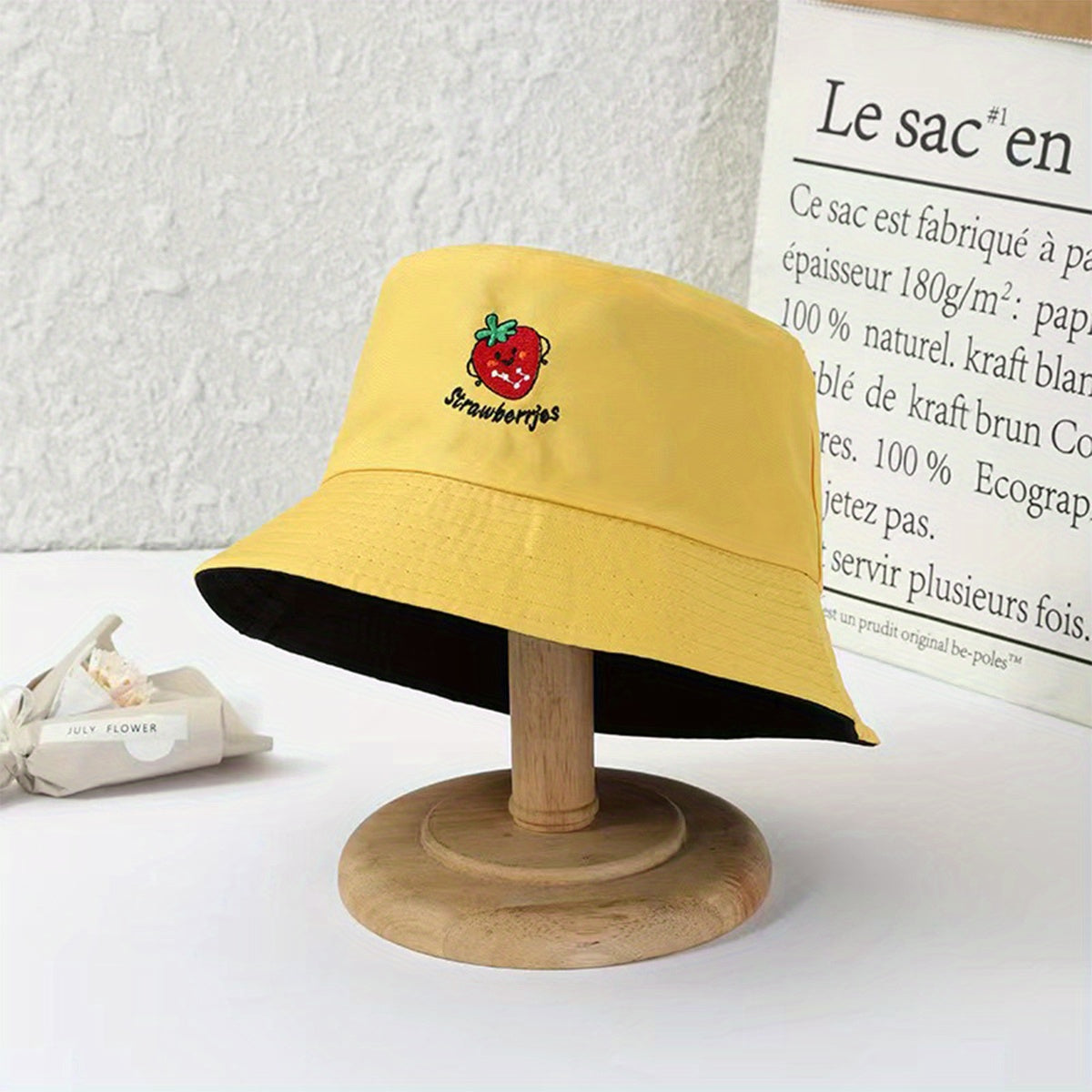 Strawberry Embroidery Bucket Hat Reversible Solid Basin Hat Sunscreen Travel