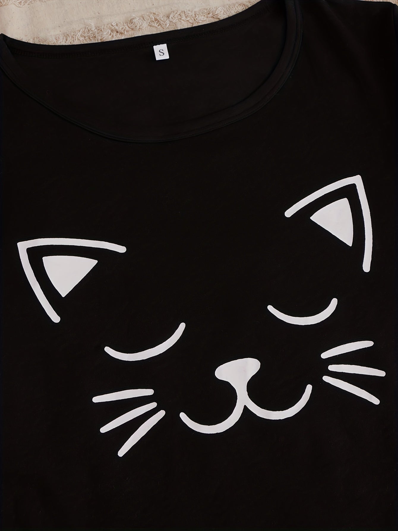 Cat Print Pajamas Set Short Sleeve Crew Neck Top & Shorts & Pants