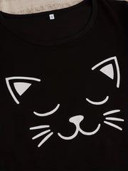 Cat Print Pajamas Set Short Sleeve Crew Neck Top & Shorts & Pants