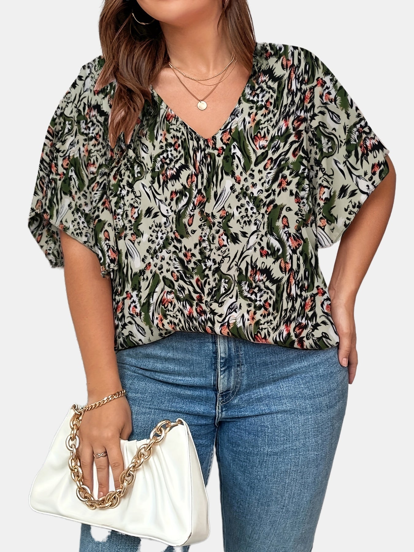  Allover Print Flutter Sleeve V Neck Blouse