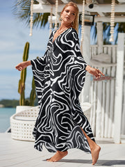  Abstract Linear Print V Neck Kaftan Dress