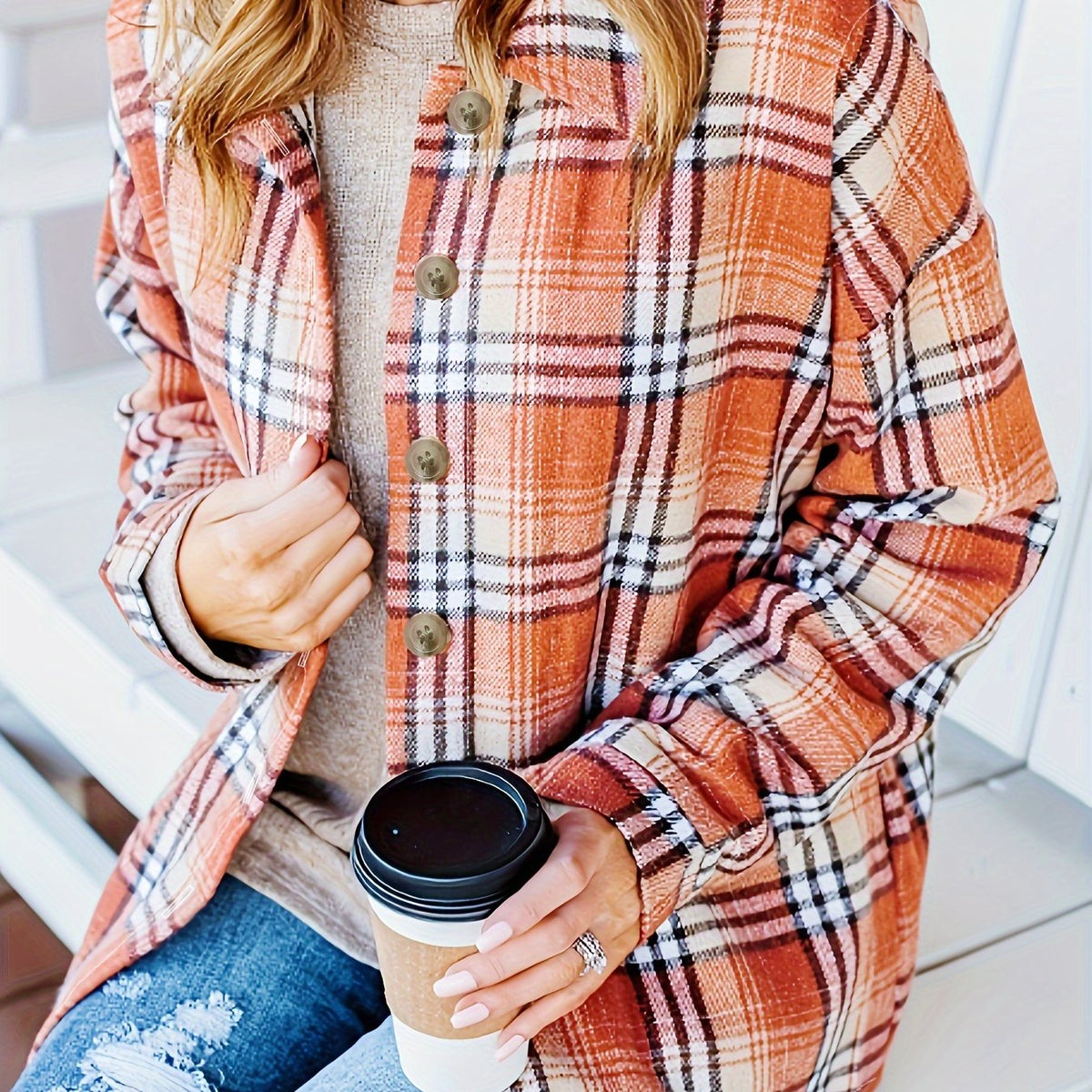  Casual Plaid Print Button Up Long Sleeve Shacket