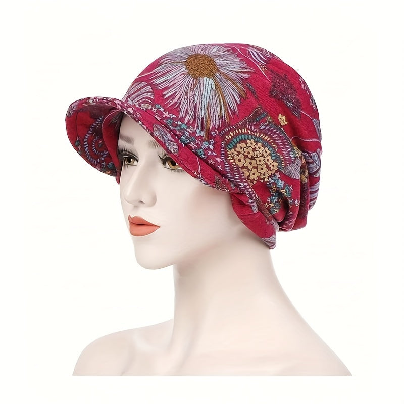 Boho Short Brim Turban Cap Vintage Printed Women Head Wrap Elastic Bandana