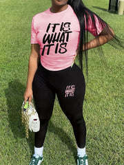 Letter Print Matching Set Short Sleeve T shirt & Skinny Pants Casual Outfit