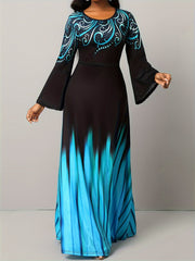 Floral & Ombre Print Bell Sleeve Maxi Dress