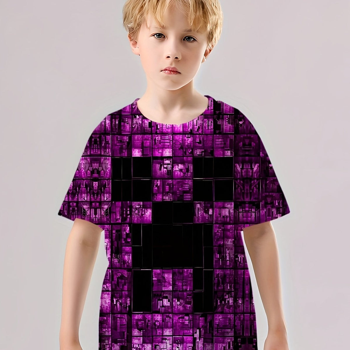 Purple Cubes Print Kid's T shirt Casual Short Sleeve Top Unisex Tee