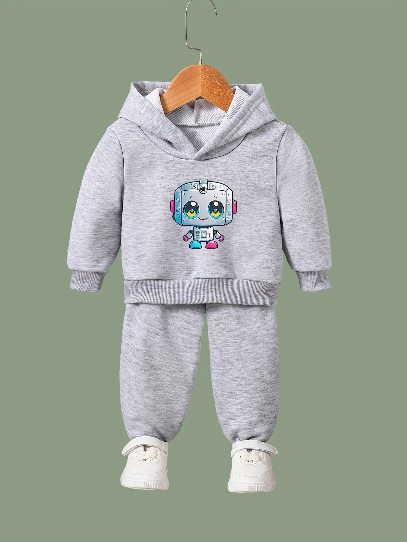 Girls Robot Pattern Hooded Sweatshirt & Sweatpants Set