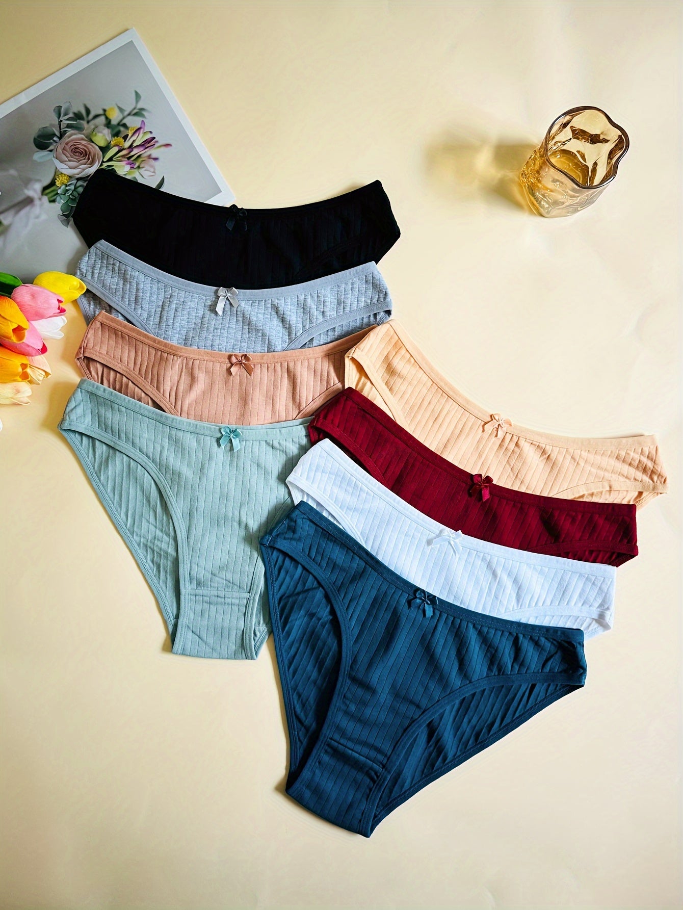 8pcs Solid Bow Tie Briefs Women's Lingerie Underwear