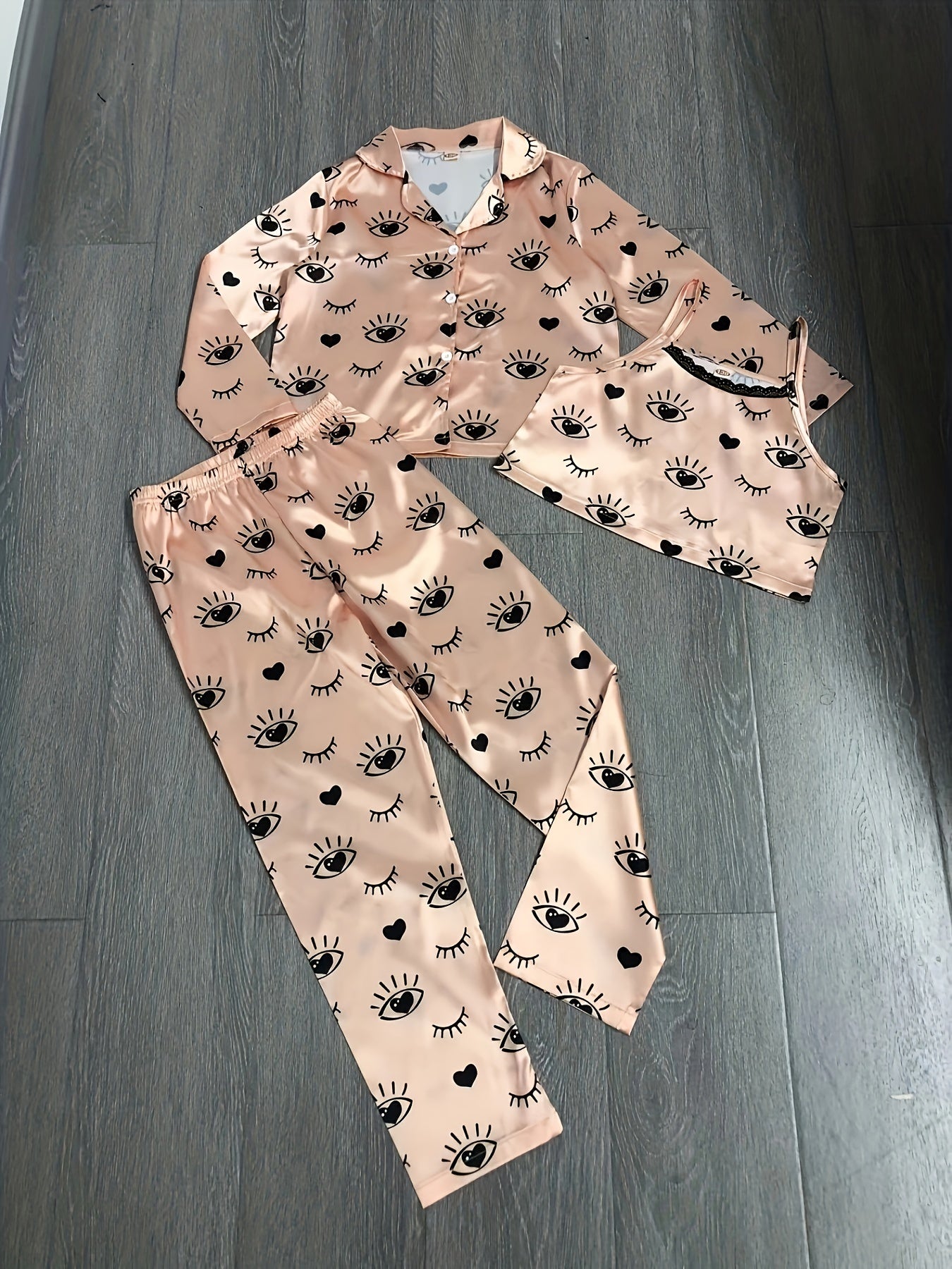 Girl's 3pcs Heart Print Pajama Set Long Sleeve Top Camisole Pants