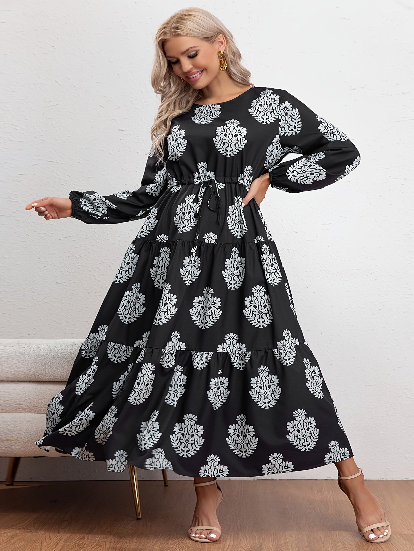  Casual Dress Women's Plus Floral Print Long Sleeve