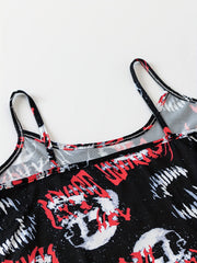 Skull Print Pajama Set Crew Neck Cami Top & Lounge Shorts Women's Sleepwear