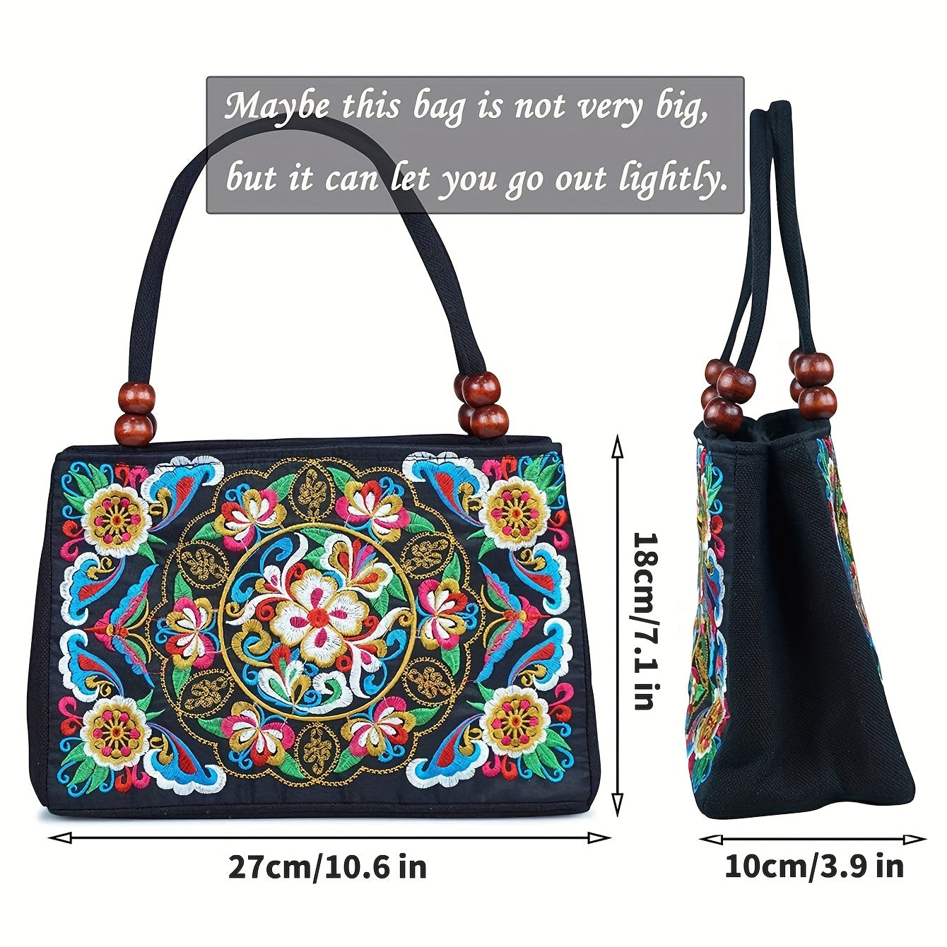 Floral Embroidered Handbag Zipper Canvas Bag Women's Purses