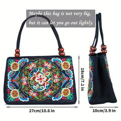 Floral Embroidered Handbag Zipper Canvas Bag Women's Purses